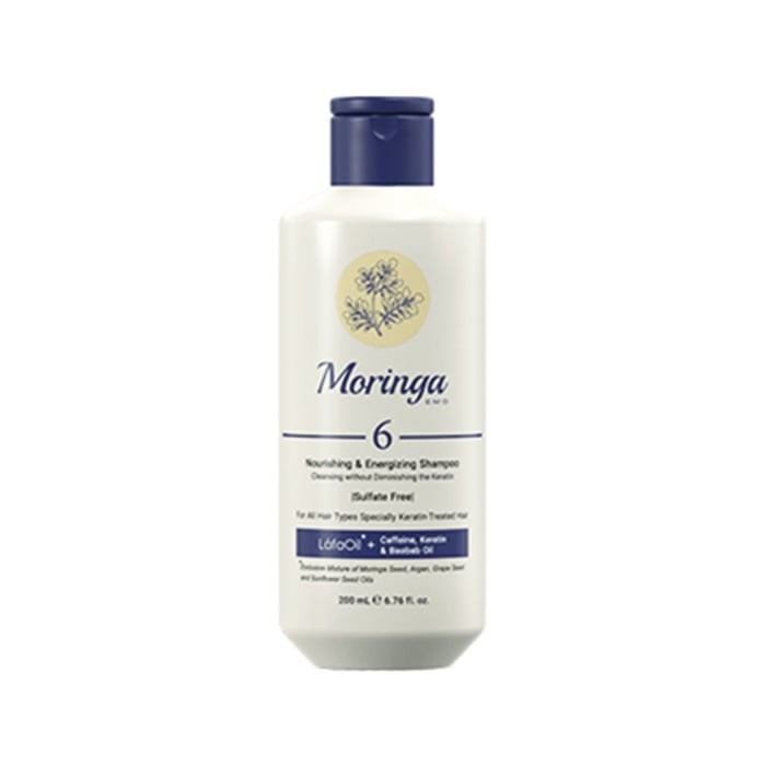 شامپو مغذی و انرژی‌ بخش بدون سولفات مناسب موهای کراتینه Moringa Emo 200ml