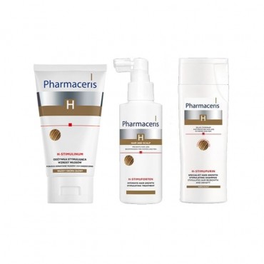 پکیج شامپو تقویت کننده اچ استیموپیورین Pharmaceris + نرم کننده اچ استیمولینیوم Pharmaceris + محلول رشد موی اچ استیموفرتن Pharmaceris